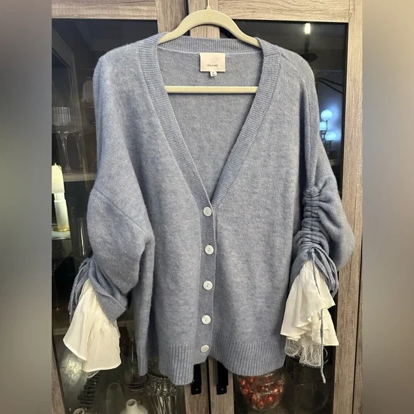 Cinq à Sept Atlas Wool Ruffle-Cuff Cardigan Light Blue Size Medium SEE DETAILS - Picture 3 of 15